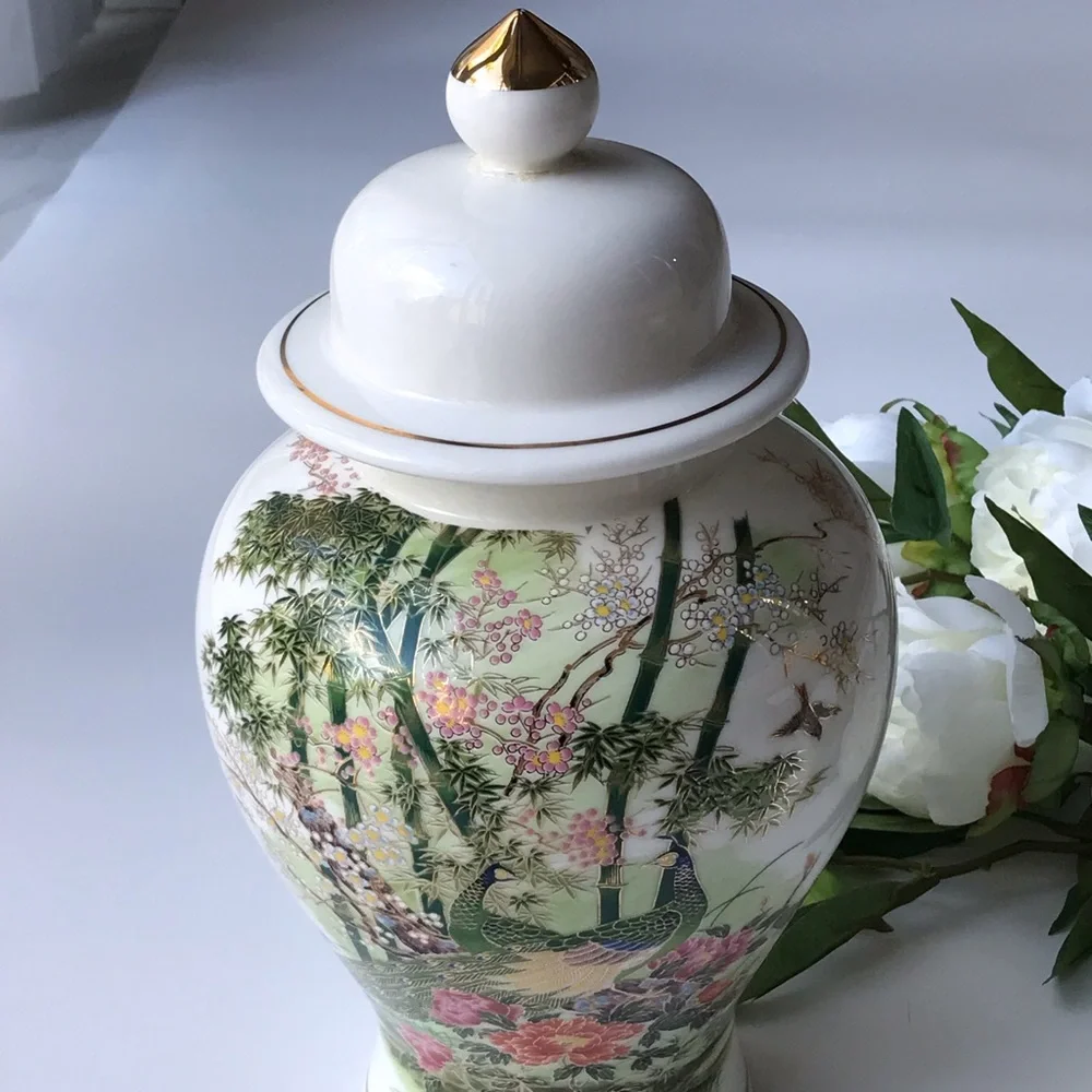 Vintage Otigiri OMC Japan Ceramic Floral Peacock Bird Ginger Jar
